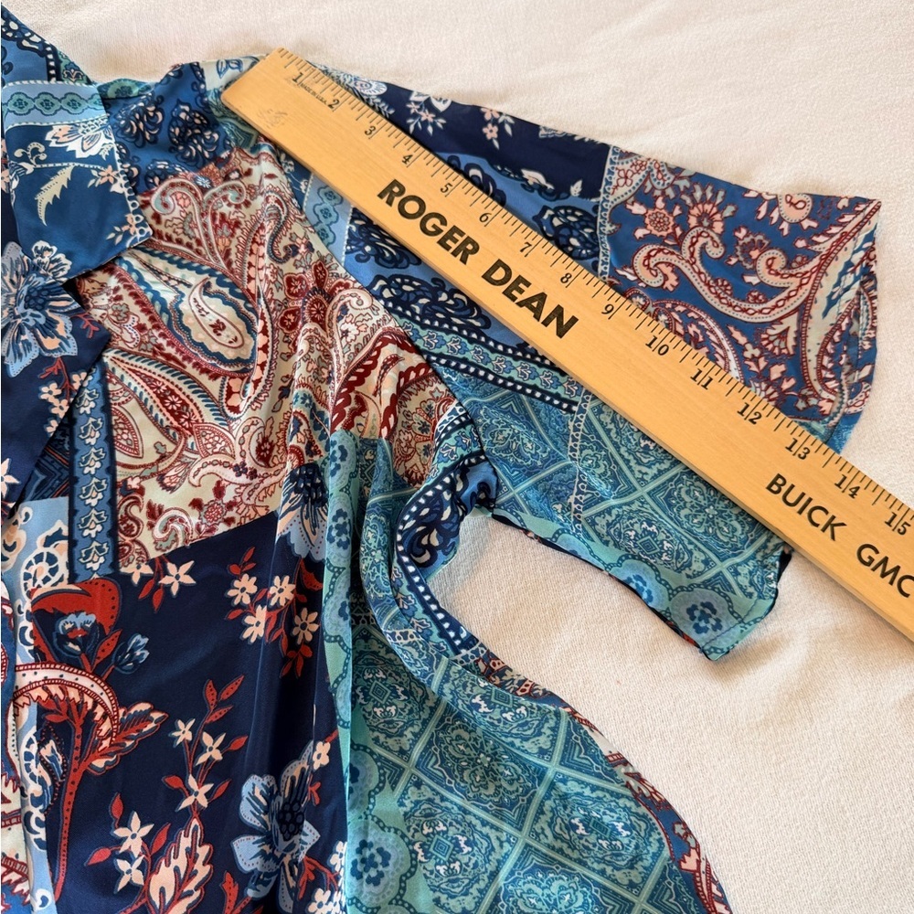 Patchwork Paisley Geometric Satin Button Up Shirt… - image 11